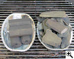 Side by side comparison of old and new Kamado extruded coconut charcoal